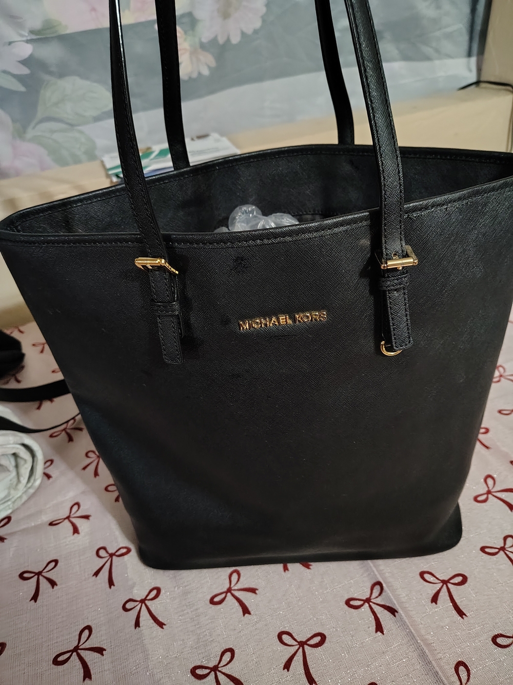 Michael Kors Black Saffiano Leather Laptop Tote with Gold Hardware